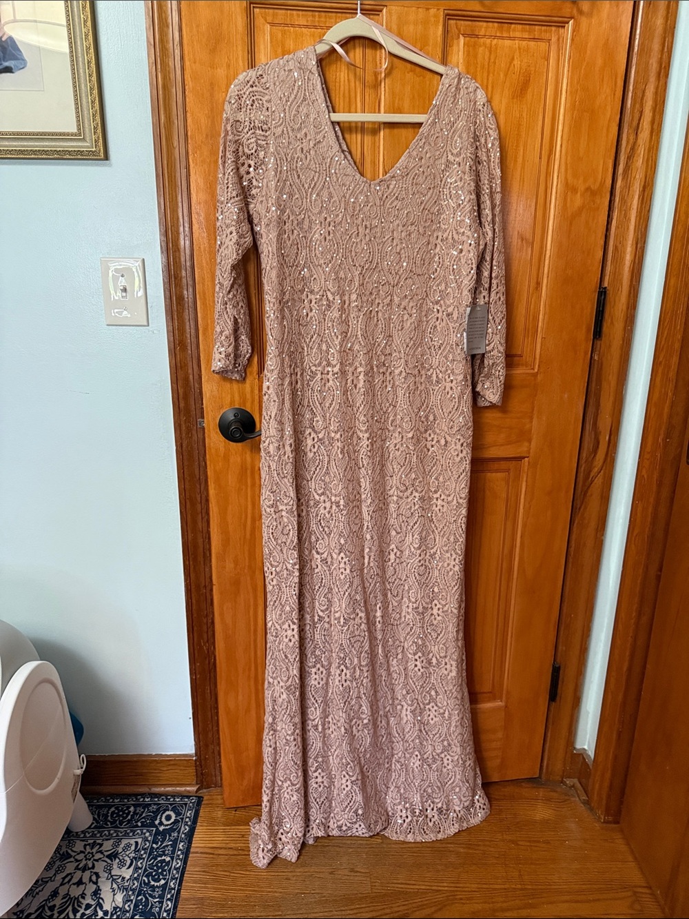 MARINA Lace Long Sleeve V-Neck Gown in Mauve